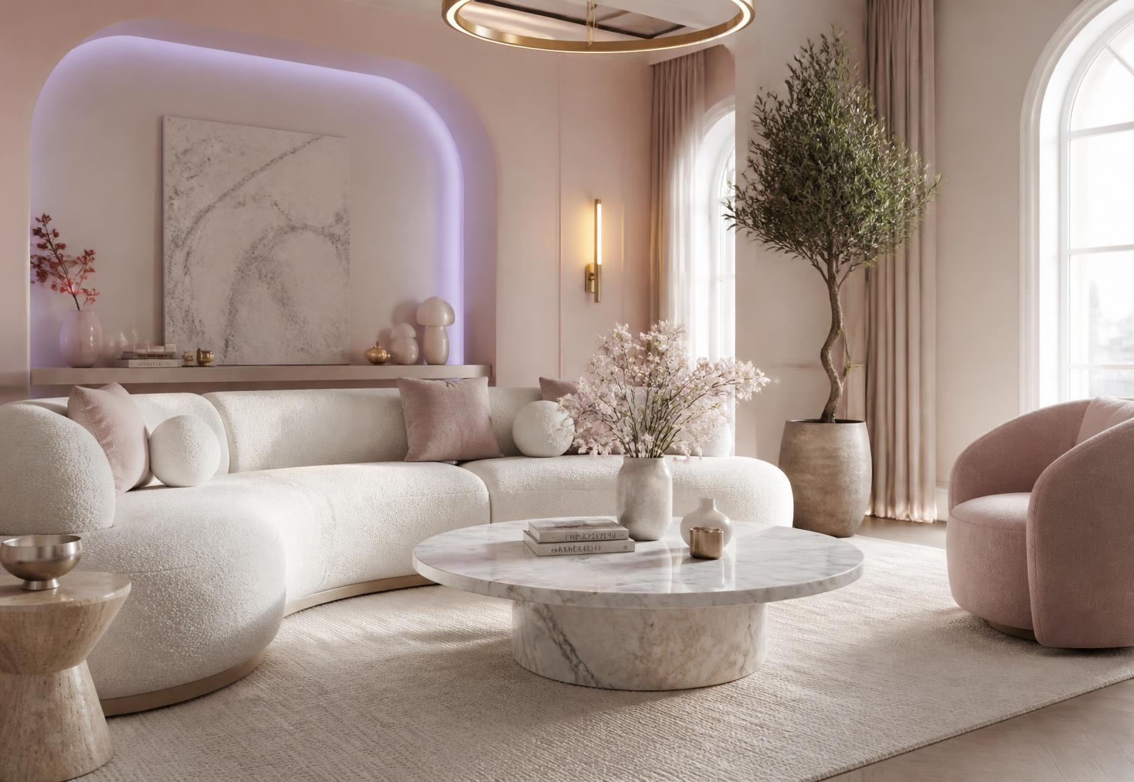 Elegant modern living room in blush and ivory with soft futuristic lighting